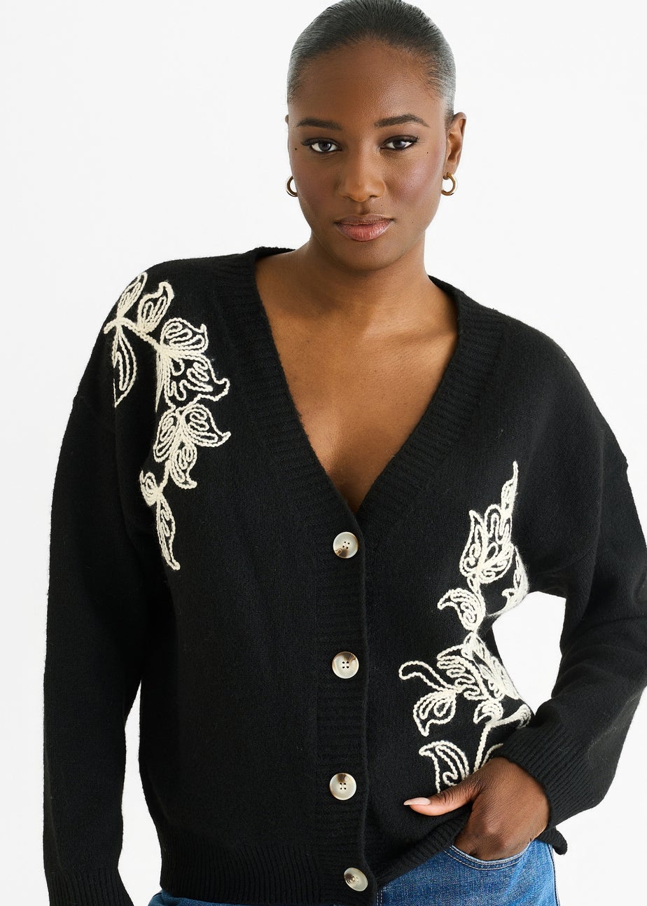 Gini London Black Floral Applique Wool Mix Cardigan