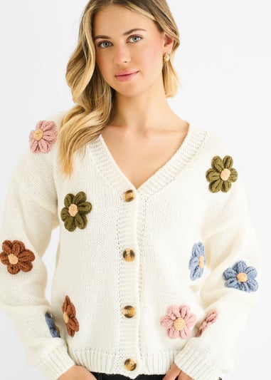 Gini London Cream 3D Contrast Flower Crochet Cardigan