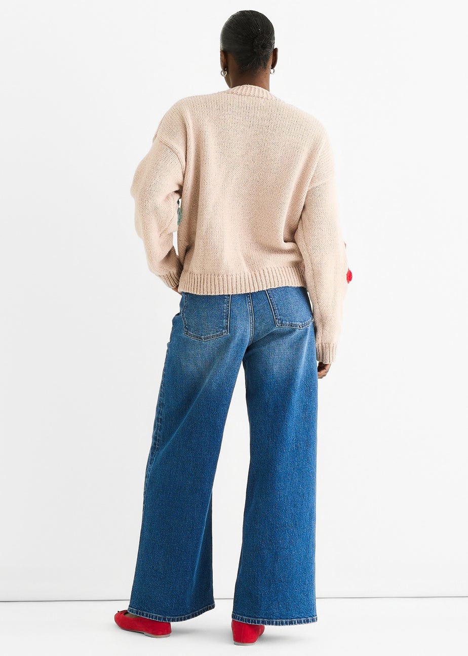 Gini London Camel Floral Knit Long Sleeves Cardigan