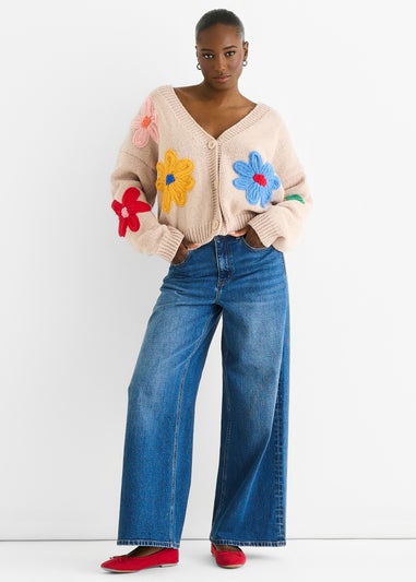 Gini London Camel Floral Knit Long Sleeves Cardigan