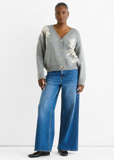 Gini London Grey Floral Applique Wool Mix Cardigan