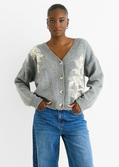 Gini London Grey Floral Applique Wool Mix Cardigan