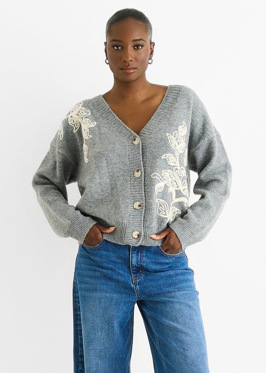 Gini London Grey Floral Applique Wool Mix Cardigan