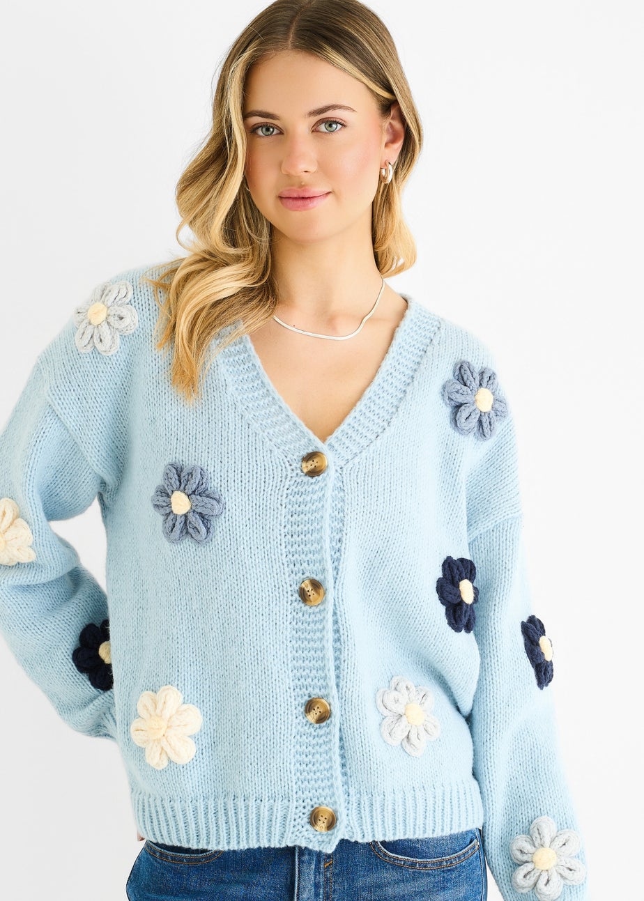 Gini London Blue 3D Contrast Flower Crochet Cardigan