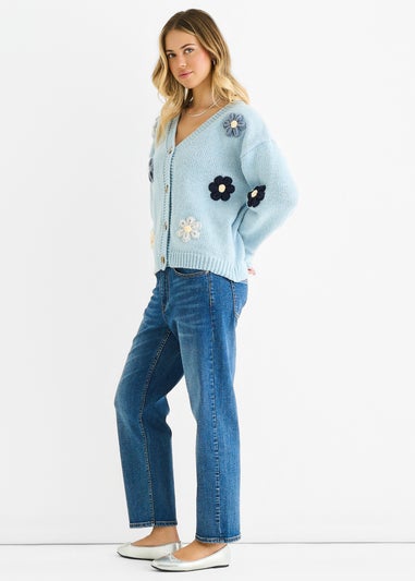 Gini London Blue 3D Contrast Flower Crochet Cardigan