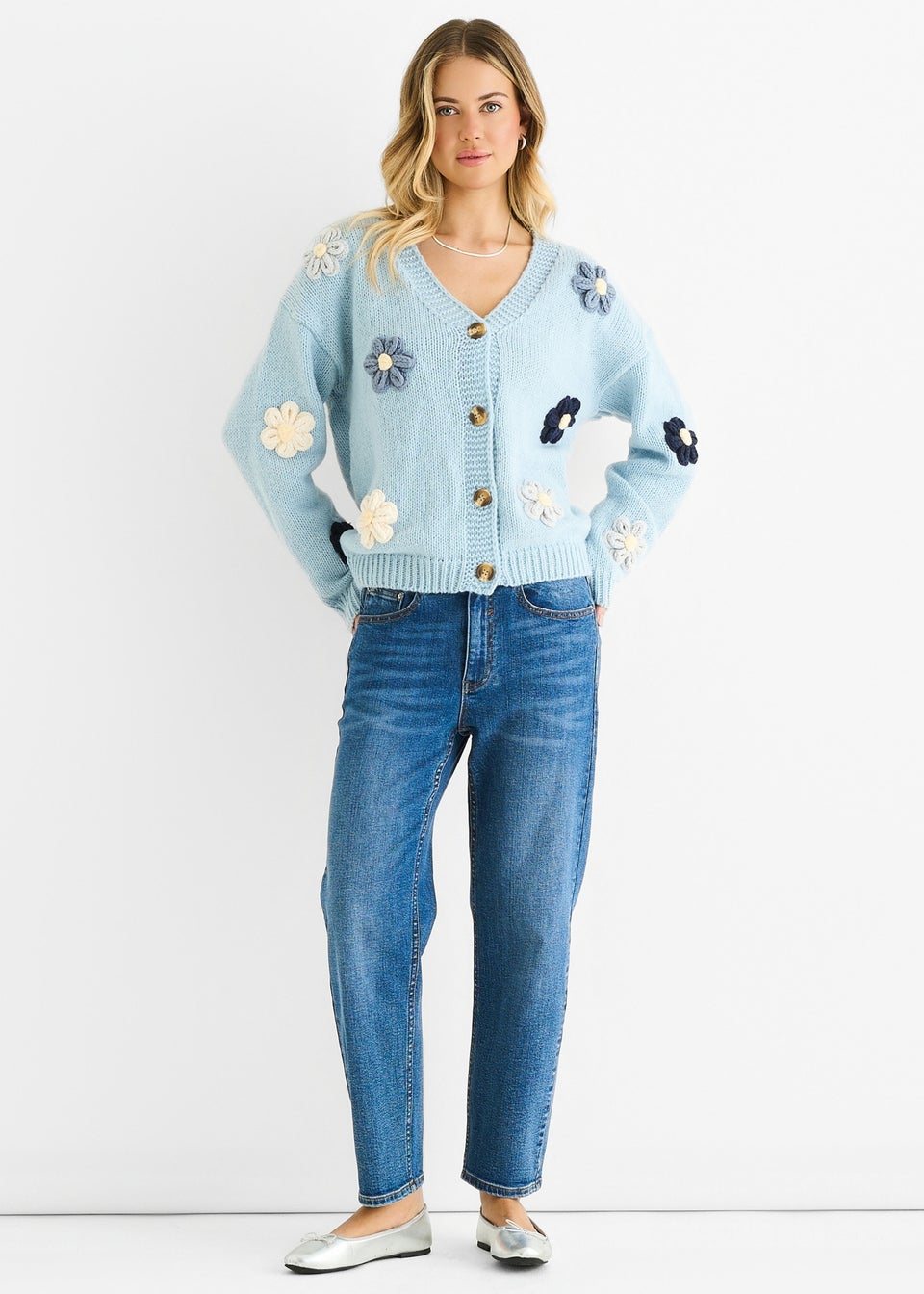 Gini London Blue 3D Contrast Flower Crochet Cardigan