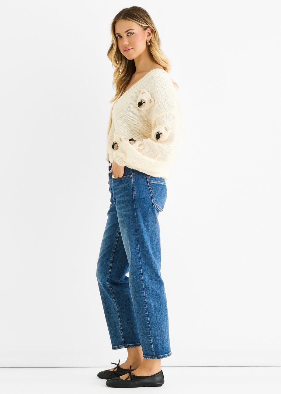 Gini London Cream 3D Contrast Teddy Crochet Cardigan