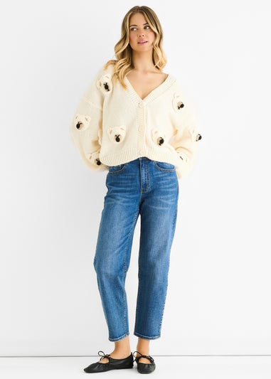 Gini London Cream 3D Contrast Teddy Crochet Cardigan