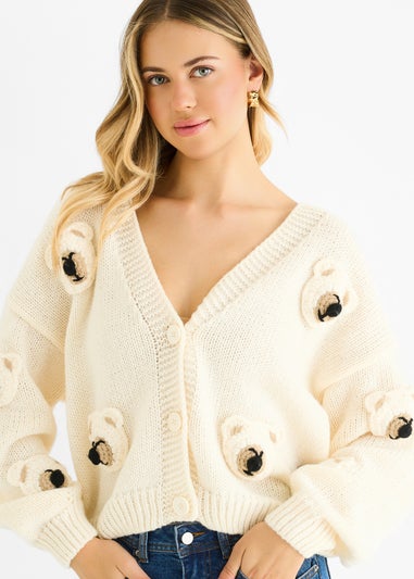 Gini London Cream 3D Contrast Teddy Crochet Cardigan