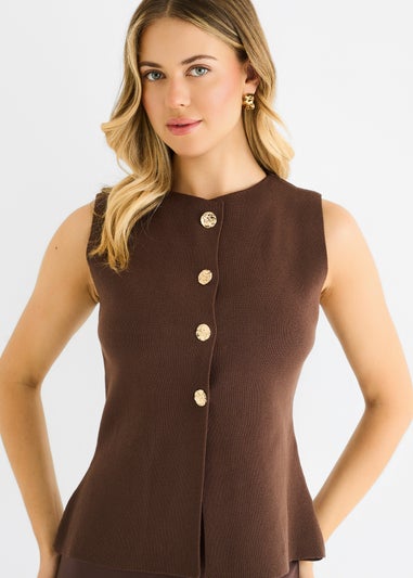 Gini London Chocolate Button Front Compact Knit Waistcoat