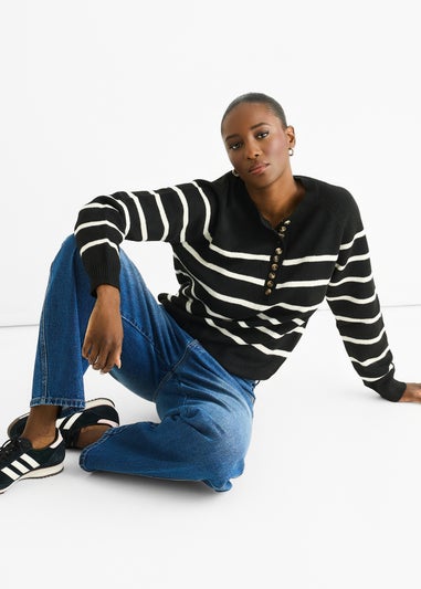 Gini London Black Recycle Stripe Button Up Loose Fit Knit Jumper