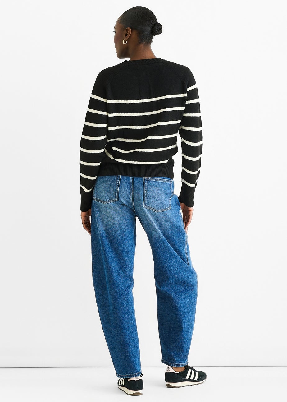 Gini London Black Recycle Stripe Button Up Loose Fit Knit Jumper