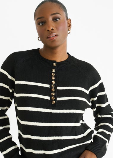 Gini London Black Recycle Stripe Button Up Loose Fit Knit Jumper