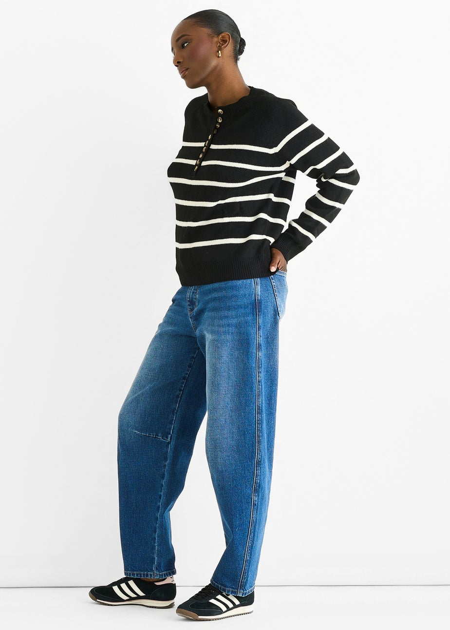 Gini London Black Recycle Stripe Button Up Loose Fit Knit Jumper