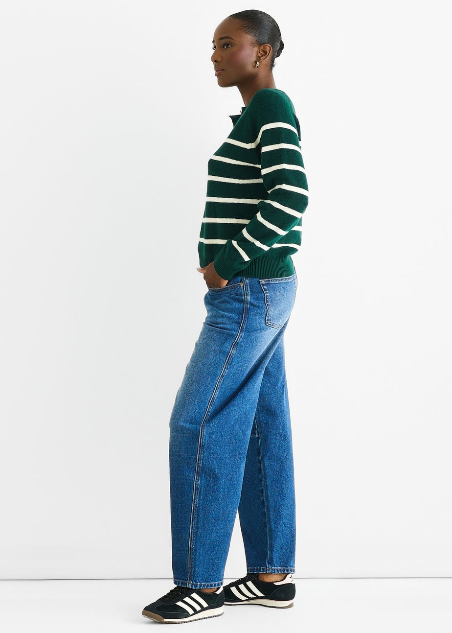 Gini London Green Recycle Stripe Button Up Loose Fit Knit Jumper