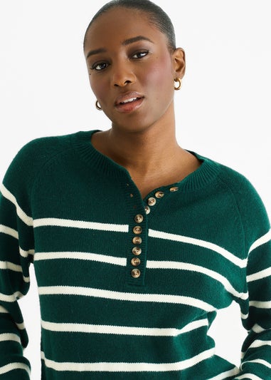 Gini London Green Recycle Stripe Button Up Loose Fit Knit Jumper