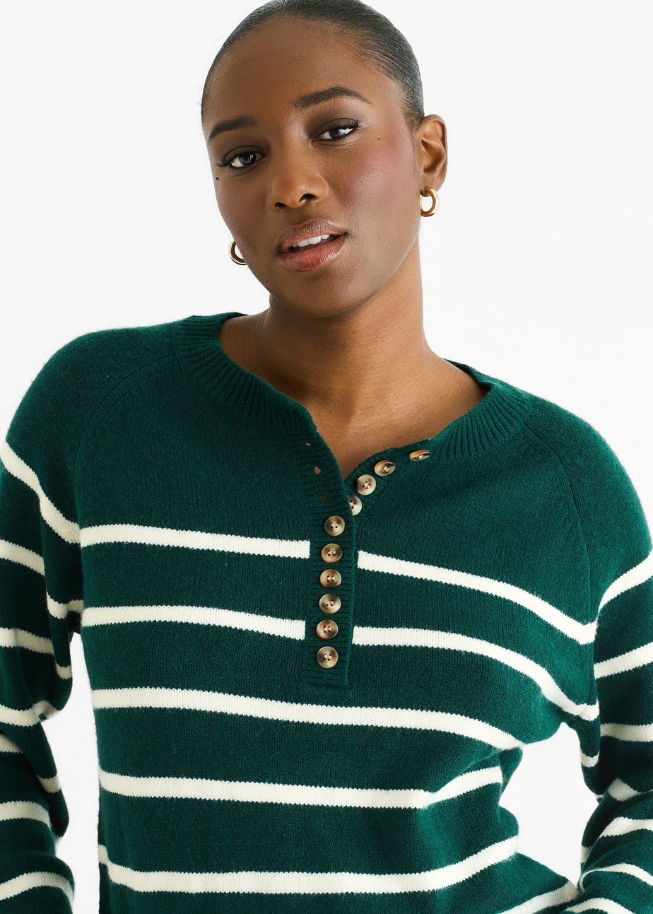 Gini London Green Recycle Stripe Button Up Loose Fit Knit Jumper