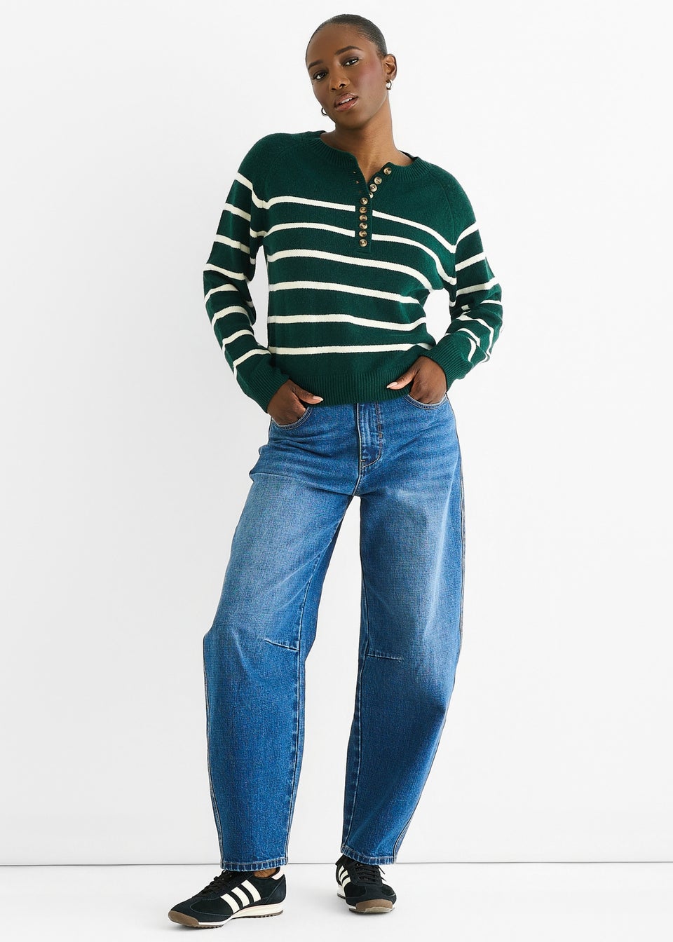 Gini London Green Recycle Stripe Button Up Loose Fit Knit Jumper