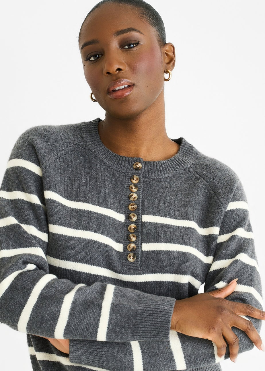 Gini London Grey Recycle Stripe Button Up Loose Fit Knit Jumper