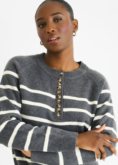 Gini London Grey Recycle Stripe Button Up Loose Fit Knit Jumper