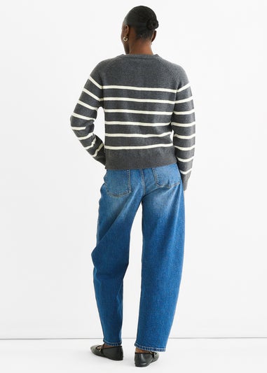 Gini London Grey Recycle Stripe Button Up Loose Fit Knit Jumper