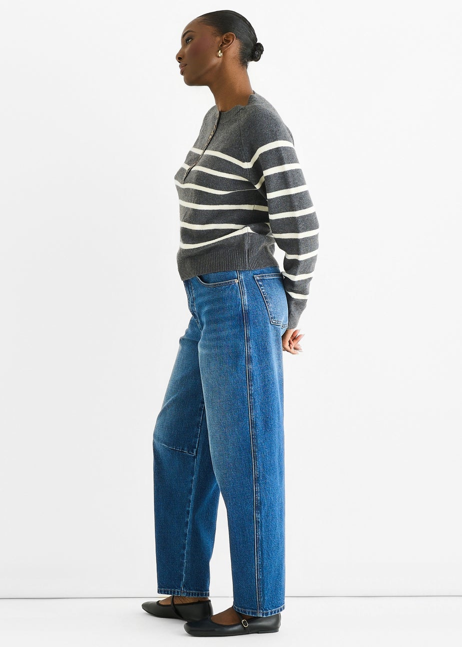 Gini London Grey Recycle Stripe Button Up Loose Fit Knit Jumper