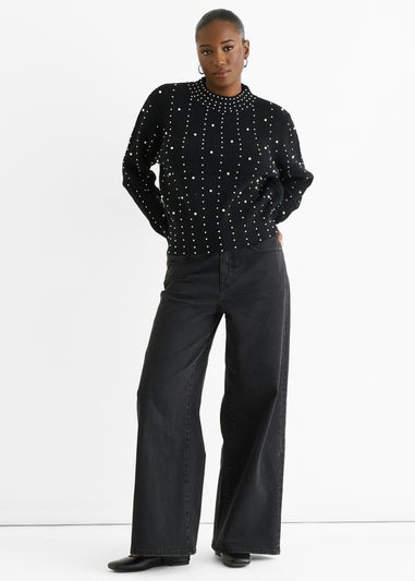 Gini London Black Pearl Studded High Neck Knit Jumper