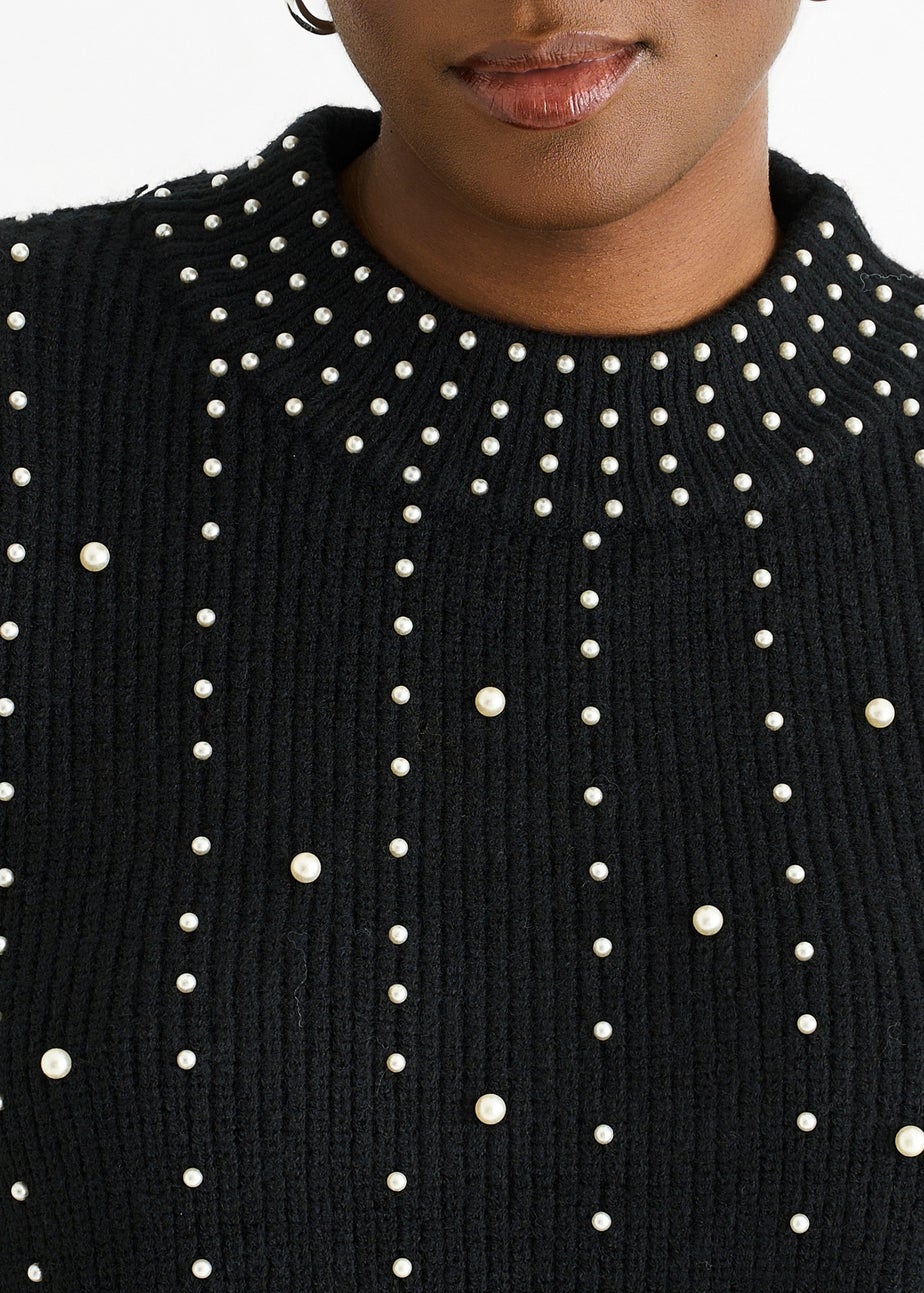 Gini London Black Pearl Studded High Neck Knit Jumper