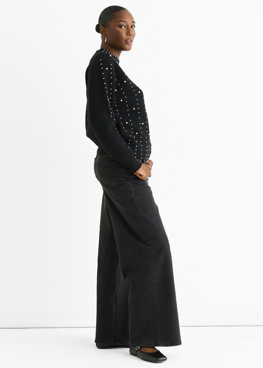 Gini London Black Pearl Studded High Neck Knit Jumper