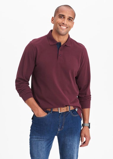 Cotton Traders Burgundy Long Sleeve Polo Shirt