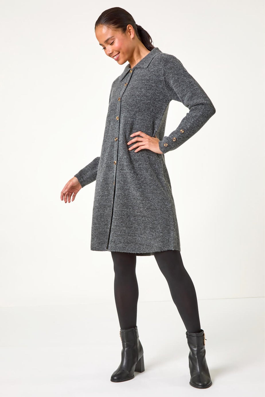 Roman Grey Petite Collared Knit Shift Dress