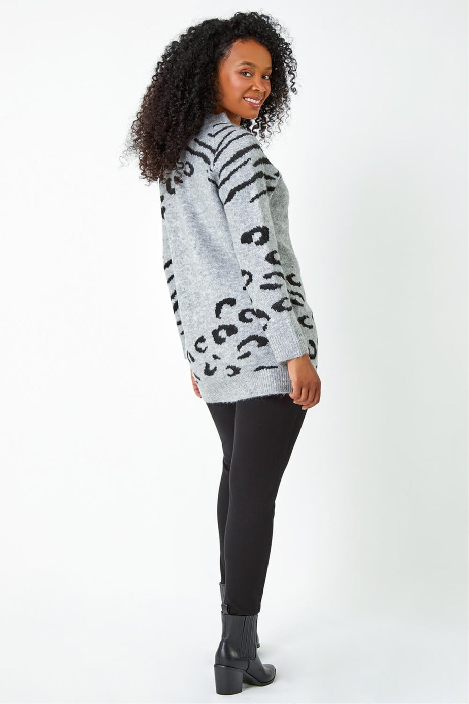 Roman Grey Petite Animal Print Longline Stretch Jumper