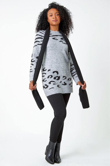 Roman Grey Petite Animal Print Longline Stretch Jumper