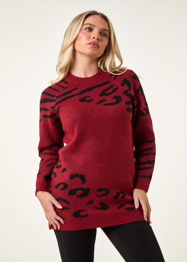 Roman Wine Petite Animal Print Longline Stretch Jumper
