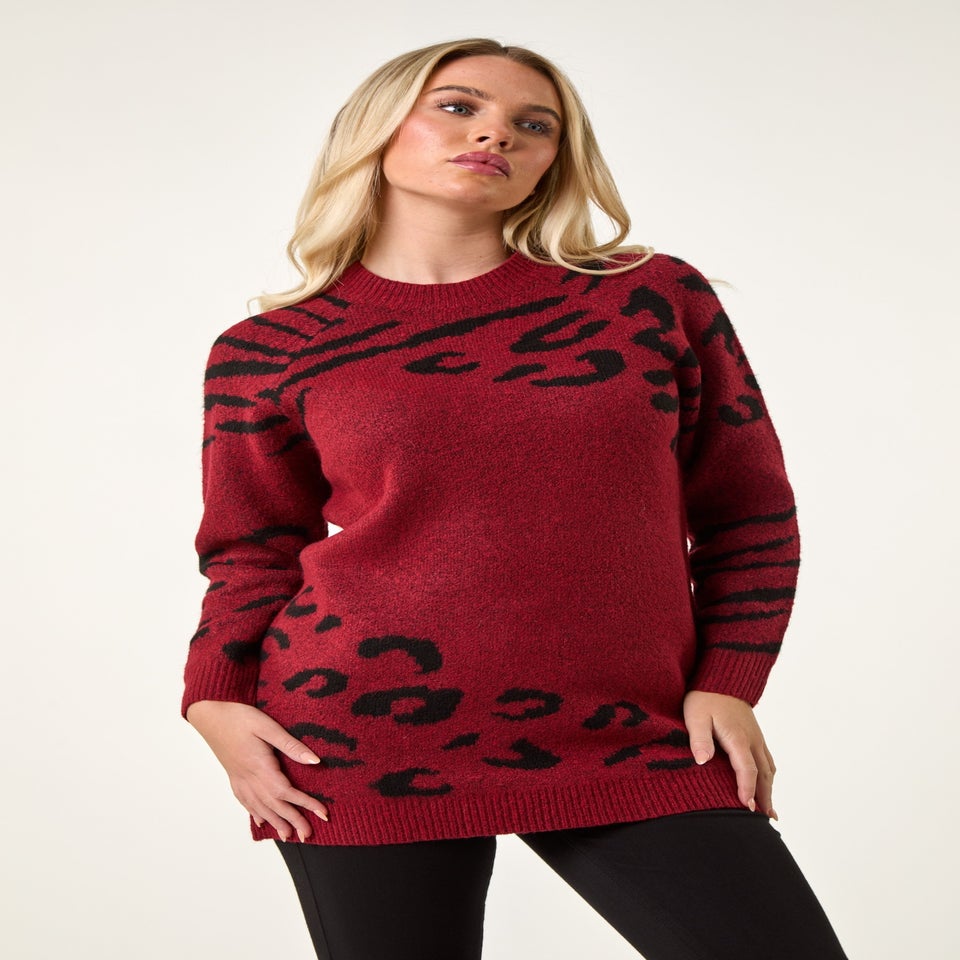 Roman Wine Petite Animal Print Longline Stretch Jumper