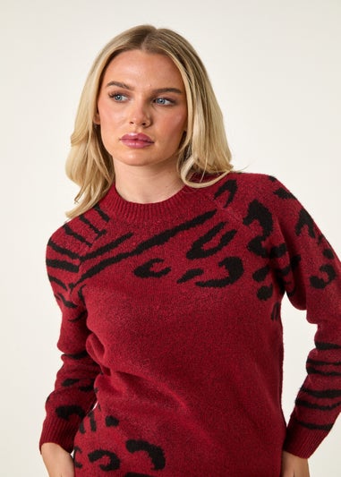 Roman Wine Petite Animal Print Longline Stretch Jumper