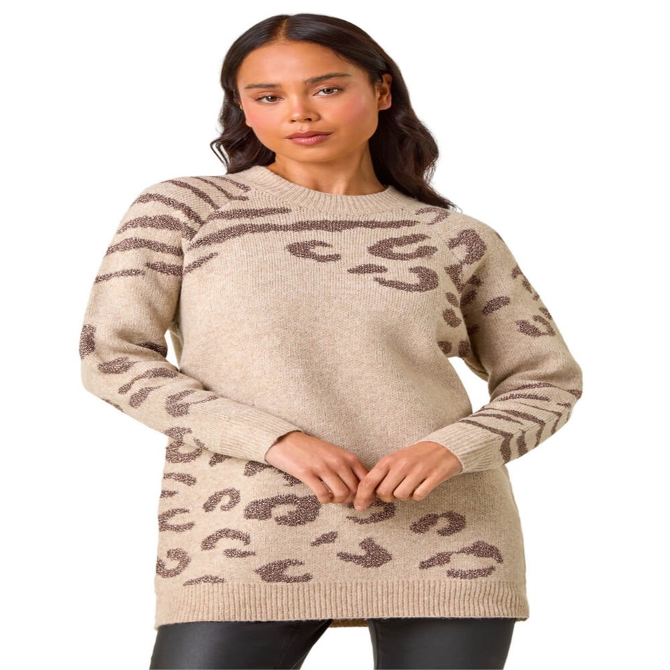 Roman Stone Petite Animal Print Longline Stretch Jumper