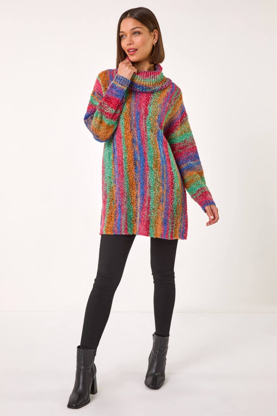 Roman Green Boucle Stripe Cowl Neck Jumper