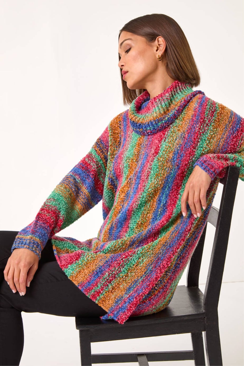 Roman Green Boucle Stripe Cowl Neck Jumper