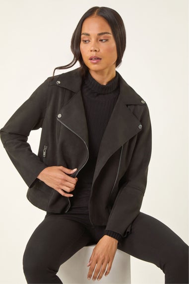 Roman Black Petite Faux Suede Biker Jacket