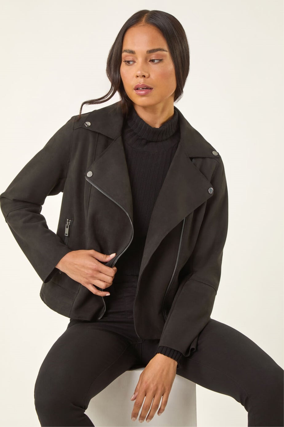 Roman Black Petite Faux Suede Biker Jacket