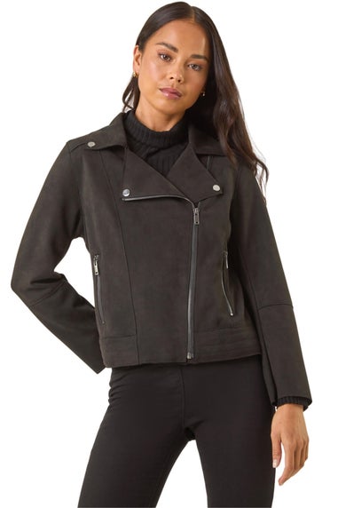 Roman Black Petite Faux Suede Biker Jacket
