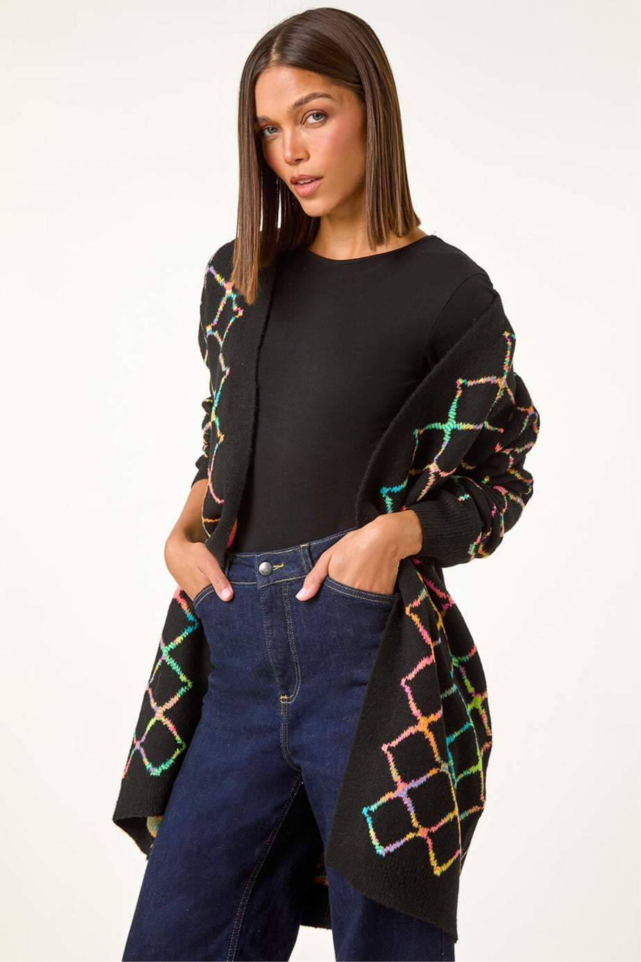 Roman Multi Longline Geometric Print Knit Cardigan
