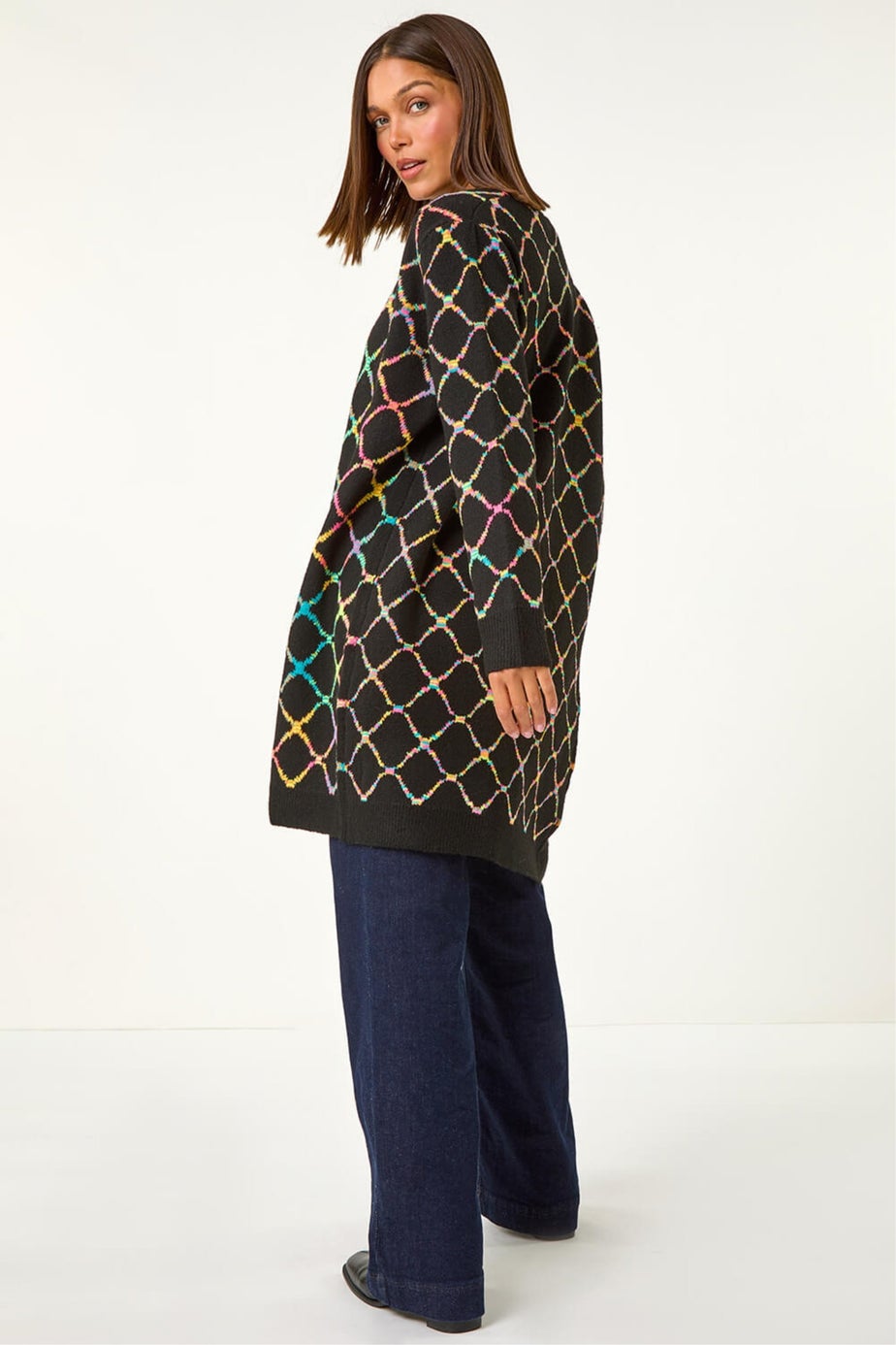 Roman Multi Longline Geometric Print Knit Cardigan