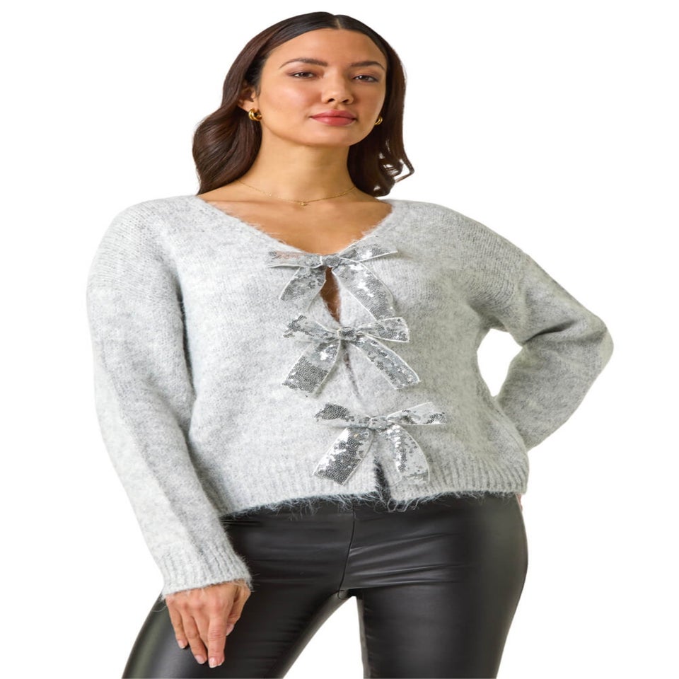 Dusk Light Grey Sequin Bow Cardigan