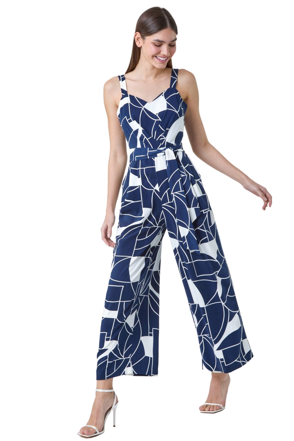 Roman Navy Abstract Print Pocket Jumpsuit