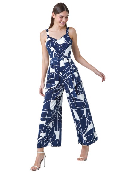 Roman Navy Abstract Print Pocket Jumpsuit