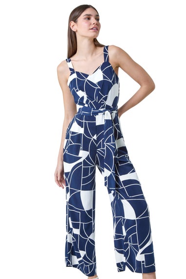 Roman Navy Abstract Print Pocket Jumpsuit