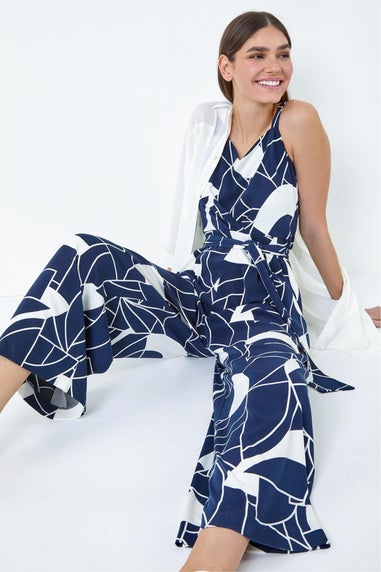 Roman Navy Abstract Print Pocket Jumpsuit