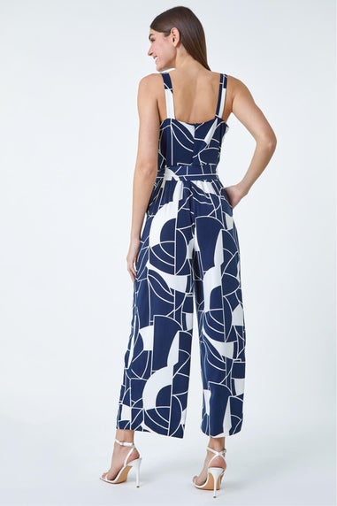 Roman Navy Abstract Print Pocket Jumpsuit